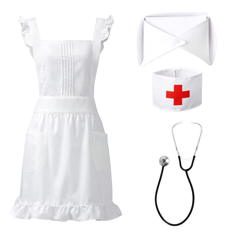 2600 Vintage Nurse Costume - Retro Apron, Red Cross Armband, Stethoscope
